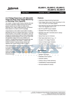 ISL88014 datasheet - 5 Ld Voltage Supervisors with Adjustable Power-On Reset, Dual Voltage Monitoring or Watchdog Timer Capability