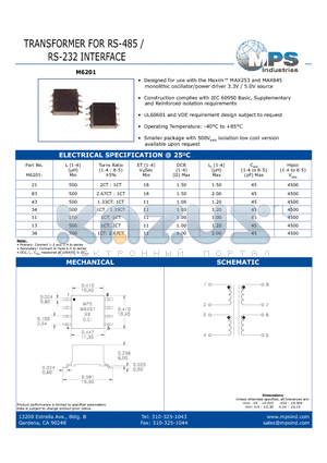 M6201-13 datasheet - TRANSFORMER FOR RS-485 / RS-232 INTERFACE
