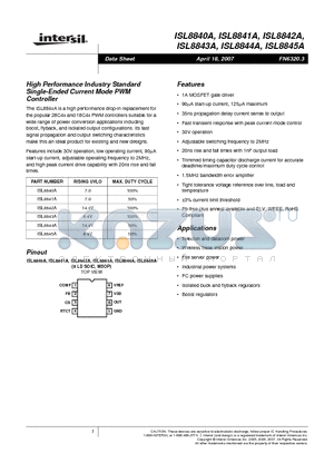 ISL8840AMBZ datasheet - High Performance Industry Standard Single-Ended Current Mode PWM Controller