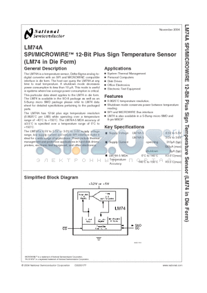 LM74A-3MDA datasheet - SPI/MICROWIRE 12-Bit Plus Sign Temperature Sensor (LM74 in Die Form)