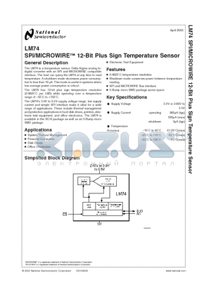 LM74CIMX-3 datasheet - SPI/MICROWIRE Digital Temperature Sensor