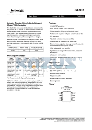 ISL8843 datasheet - Industry Standard Single-Ended Current Mode PWM Controller