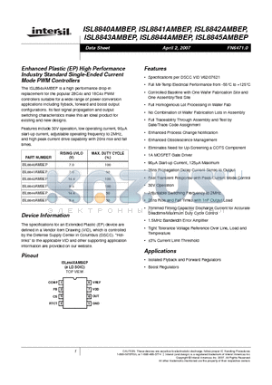 ISL8843AMBEP datasheet - Enhanced Plastic (EP) High Performance Industry Standard Single-Ended Current Mode PWM Controllers