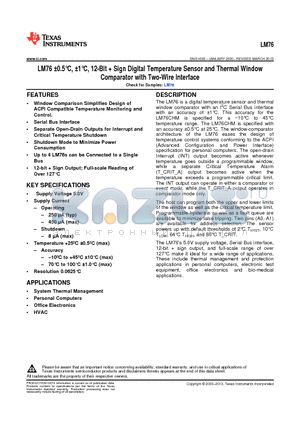 LM76CHM-5 datasheet - LM76 a0.5`C, a1`C, 12-Bit  Sign Digital Temperature Sensor and Thermal Window Comparator with Two-Wire Interface