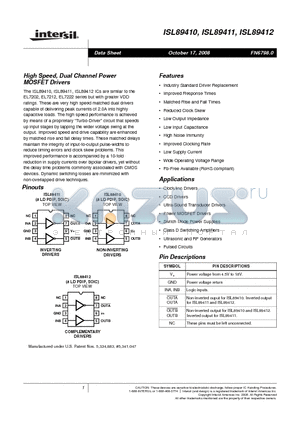 ISL89411 datasheet - High Speed, Dual Channel Power MOSFET Drivers