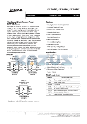 ISL89411IBZ datasheet - High Speed, Dual Channel Power MOSFET Drivers