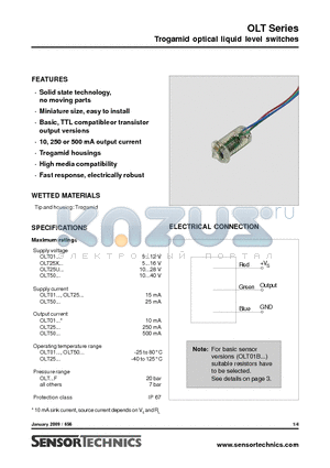 OLT01T1K3 datasheet - Trogamid optical liquid level switches