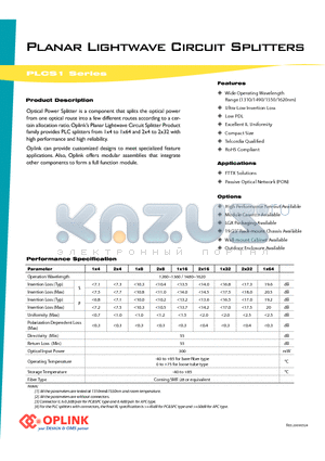 PLCSP022 datasheet - Planar Lightwave Circuit Splitters