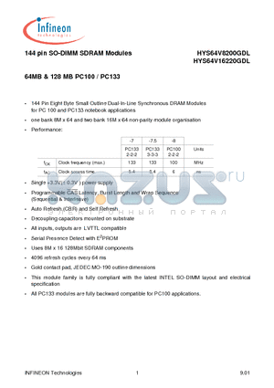 HYS64V16220GDL-7 datasheet - 144 pin SO-DIMM SDRAM Modules