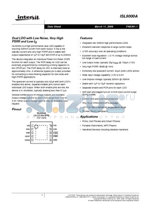 ISL9000AIRBJZ datasheet - Dual LDO with Low Noise, Very High PSRR and Low IQ