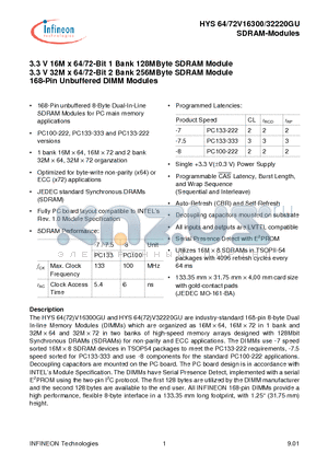 HYS64V16300GU-7-C2 datasheet - 3.3 V 16M x 64/72-Bit 1 Bank 128MByte SDRAM Module 3.3 V 32M x 64/72-Bit 2 Bank 256MByte SDRAM Module 168-Pin Unbuffered DIMM Modules