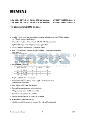 HYS64V2200GU-8-3 datasheet - 3.3V 2M x 64/72-Bit 1 BANK SDRAM Module 3.3V 4M x 64/72-Bit 2 BANK SDRAM Module