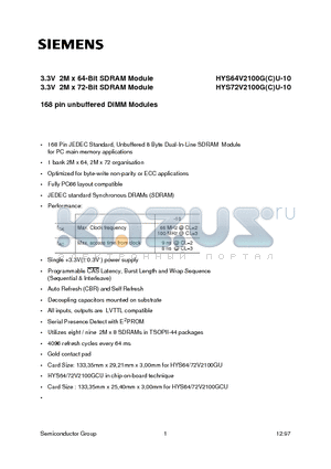 HYS64V2100GU-10 datasheet - 3.3V 2M x 64-Bit SDRAM Module 3.3V 2M x 72-Bit SDRAM Module