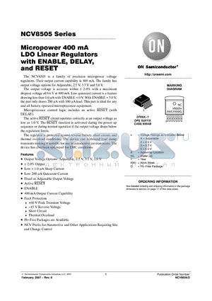 NCV8505D2T50 datasheet - Micropower 400 mA LDO Linear Regulators with ENABLE, DELAY, and RESET