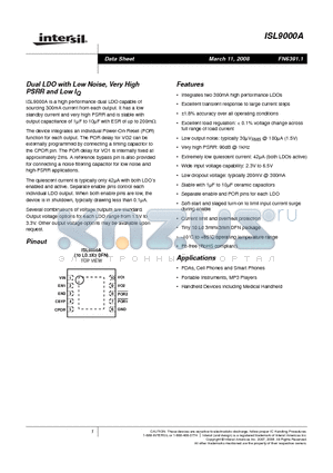 ISL9000AIRNNZ datasheet - Dual LDO with Low Noise, Very High PSRR and Low IQ