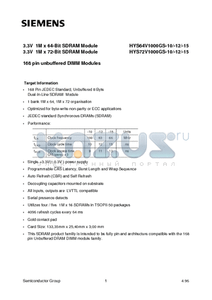 HYS64V1000GU-50 datasheet - 3.3V 1M x 64-Bit SDRAM Module 3.3V 1M x 72-Bit SDRAM Module