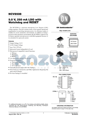 NCV8508 datasheet - 5.0 V, 250 mA LDO with Watchdog and RESET