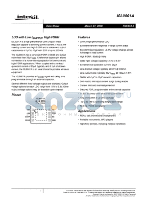ISL9001AIRBZ-T datasheet - LDO with Low ISUPPLY, High PSRR