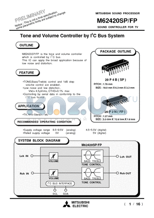 M62420SP datasheet - SOUND CONTROLLER FOR TV