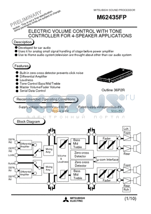 M62435 datasheet - ELECTRIC VOLUME CONTROL WITH TONE CONTROLLER FOR 4-SPEAKER APPLICATIONS