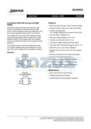 ISL9003AIRUFZ-T datasheet - Low Noise LDO with Low IQ and High PSRR