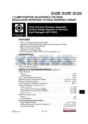 OM1326STM datasheet - 1.5 AMP POSITIVE ADJUSTABLE VOLTAGE REGULATOR APPROVED TO DESC DRAWING 7703407