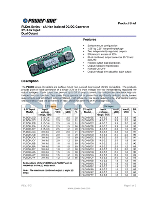 PLD08UBY datasheet - PLD08 Series . 8A Non-Isolated DC/DC Converter 5V, 3.3V Input Dual Output