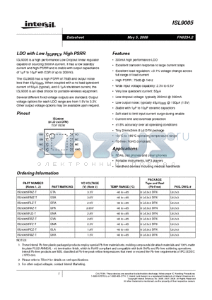 ISL9005IRBZ-T datasheet - LDO with Low ISUPPLY, High PSRR