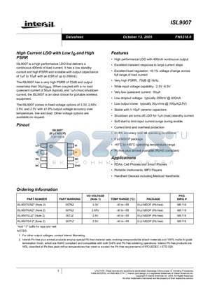 ISL9007IUJZ-T datasheet - High Current LDO with Low IQ and High PSRR