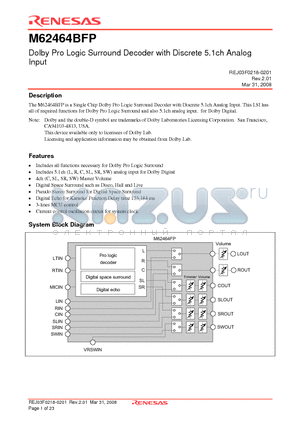 M62464BFP datasheet - Dolby Pro Logic Surround Decoder with Discrete 5.1ch Analog Input