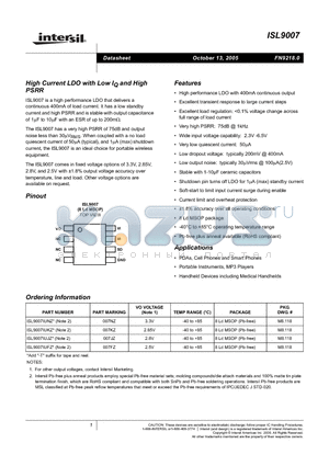 ISL9007IUNZ datasheet - High Current LDO with Low IQ and High PSRR