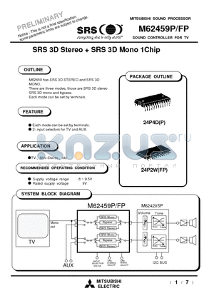 M62459 datasheet - SRS 3D Stereo  SRS 3D Mono 1Chip