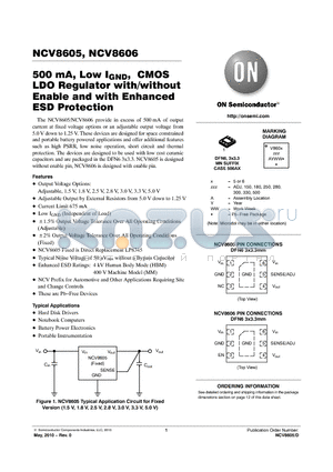 NCV8605MN25T2G datasheet - 500 mA, Low IGND, CMOS LDO Regulator with/without Enable and with Enhanced ESD Protection