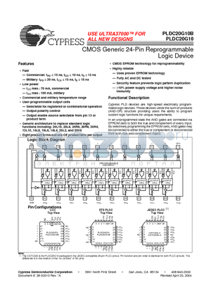 PLDC20G10B-15WC datasheet - CMOS Generic 24-Pin Reprogrammable Logic Device