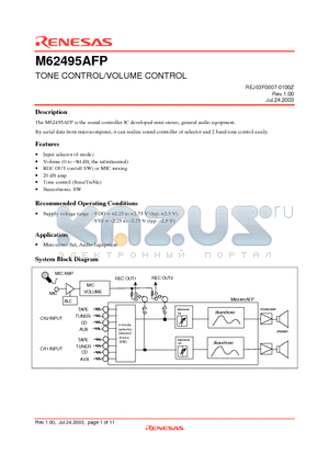 M62495AFP datasheet - TONE CONTROL/VOLUME CONTROL