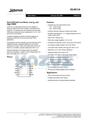ISL9011A datasheet - Dual LDO with Low Noise, Low IQ, and High PSRR