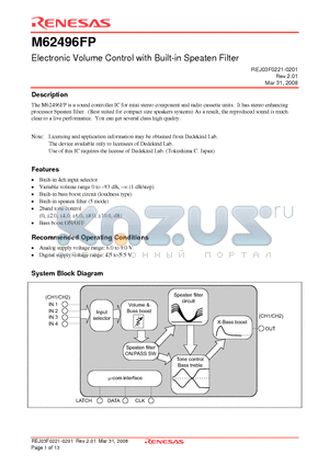 M62496FP datasheet - Electronic Volume Control with Built-in Speaten Filter