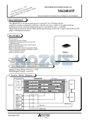 M62481FP datasheet - PICKUP SERVO SYSTEM WITH AUTOMATIC ADJUSTMENT