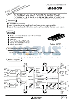 M62490FP datasheet - ELECTRIC VOLUME CONTROL WITH TONE CONTROLLER FOR 4-SPEAKER APPLICATIONS