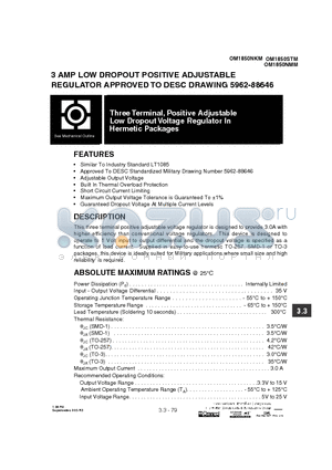 OM1850NKM datasheet - 3 AMP LOW DROPOUT POSITIVE ADJUSTABLE REGULATOR APPROVED TO DESC DRAWING 5962-88646