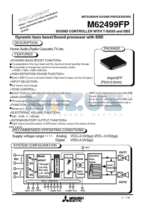 M62499 datasheet - SOUND CONTROLLER WITH T-BASS and BBE