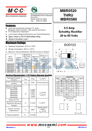 MBR0520 datasheet - 0.5 Amp Schottky Rectifier 20 to 80 Volts