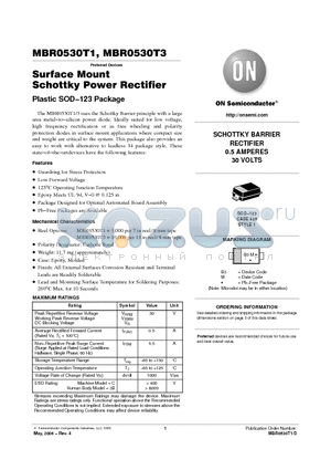 MBR0530T1 datasheet - Surface Mount Schottky Power Rectifier Plastic SOD−123 Package