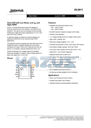 ISL9011IRNNZ datasheet - Dual LDO with Low Noise, Low IQ, and High PSRR