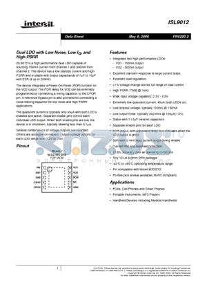 ISL9012IRBJZ datasheet - Dual LDO with Low Noise, Low IQ, and High PSRR