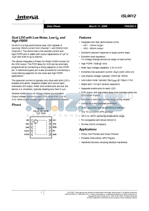 ISL9012IRBJZ datasheet - Dual LDO with Low Noise, Low IQ, and High PSRR