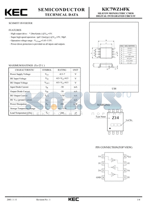 KIC7WZ14FK datasheet - SILICON MONOLITHIC CMOS DIGITAL INTEGRATED CIRCUIT (SCHMITT INVERTER)