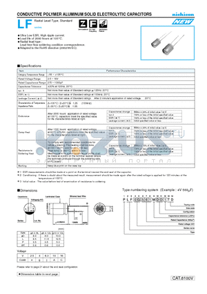PLF0E821MCO6 datasheet - CONDUCTIVE POLYMER ALUMINUM SOLID ELECTROLYTIC CAPACITORS