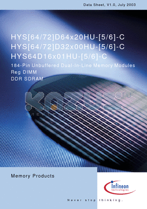 HYS72D64320HU-5-C datasheet - 184-Pin Unbuffered Dual-In-Line Memory Modules
