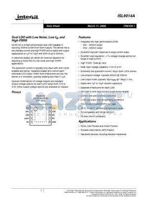 ISL9014AIRCCZ datasheet - Dual LDO with Low Noise, Low IQ, and High PSRR
